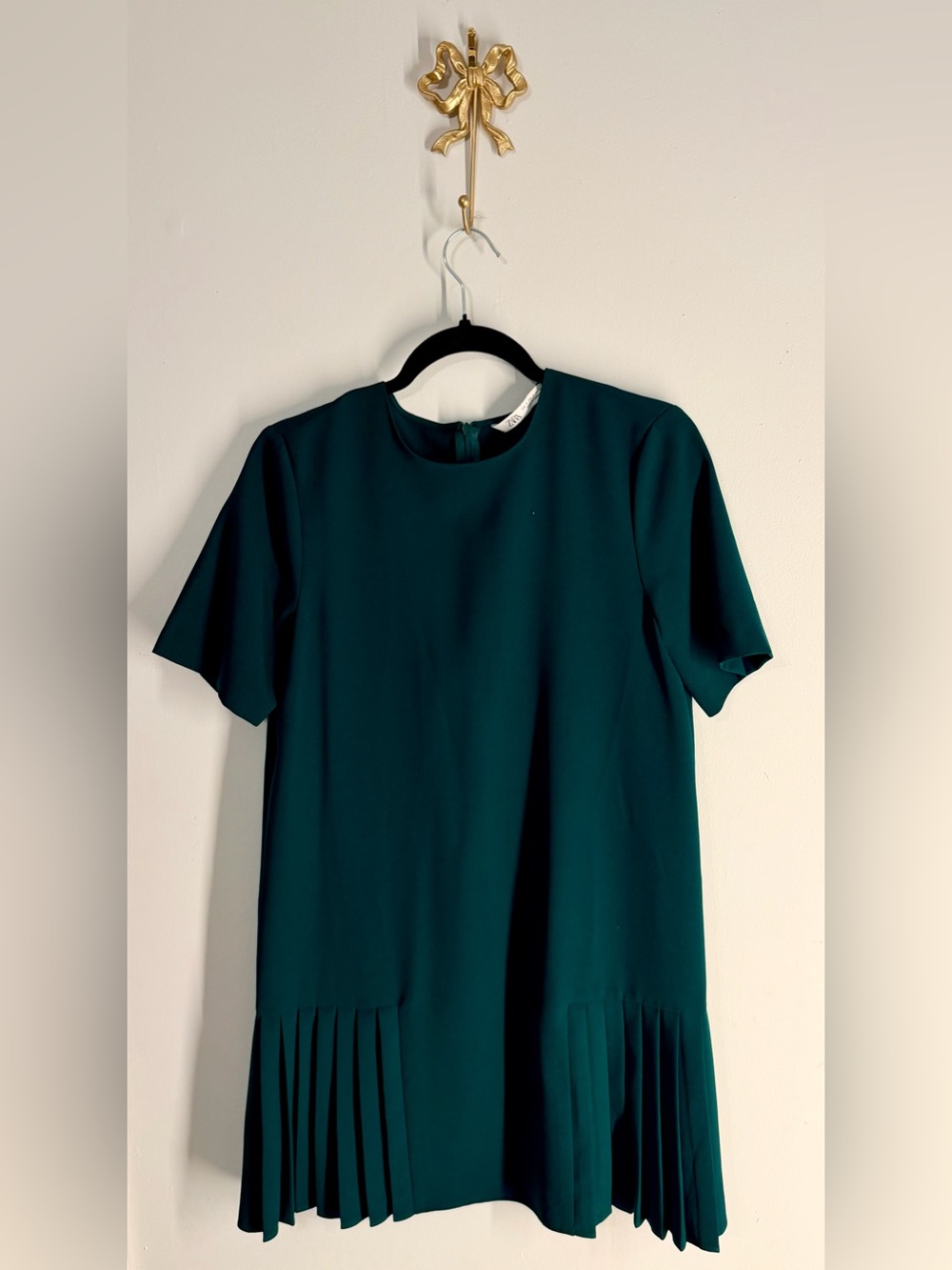 Zara Teal Short-Sleeve Pleated-Hem Shift Dress - Size SMALL